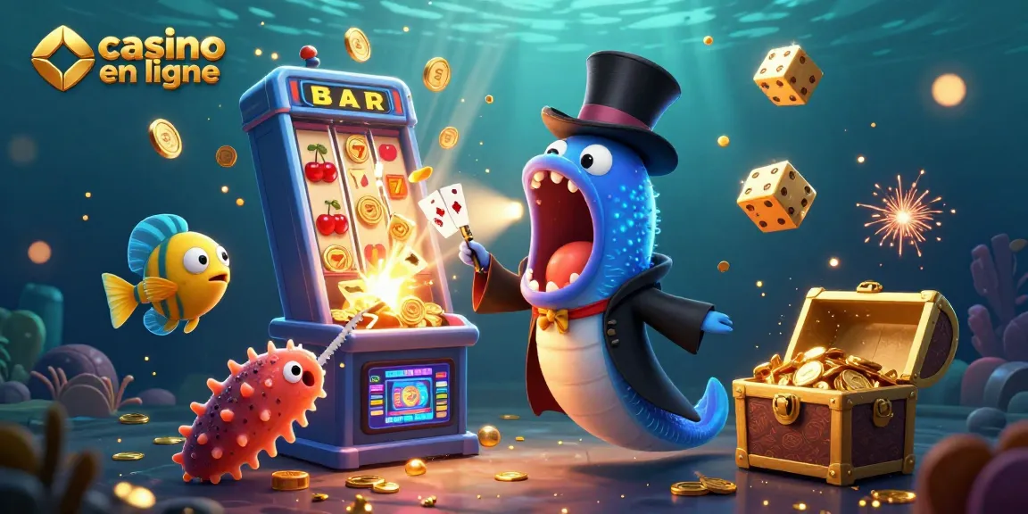 Illustration animée représentant un casino en ligne avec des personnages marins réalisant des tours de magie sous l'eau.