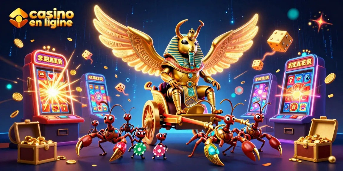 Jouer au casino en ligne avec une illustration dynamique d'un scarabée doré et des jeux de machines à sous.