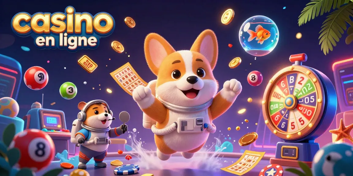 Jouez sur un casino en ligne avec une illustration d'astronaute corgi et des éléments ludiques flottant.