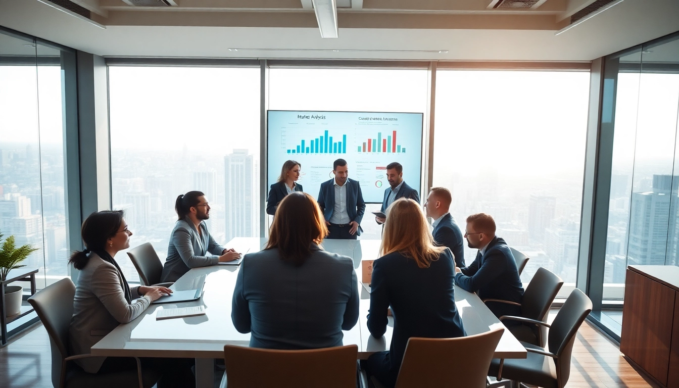 Engaging competitive intelligence faqs session with professionals discussing strategies in a modern office.