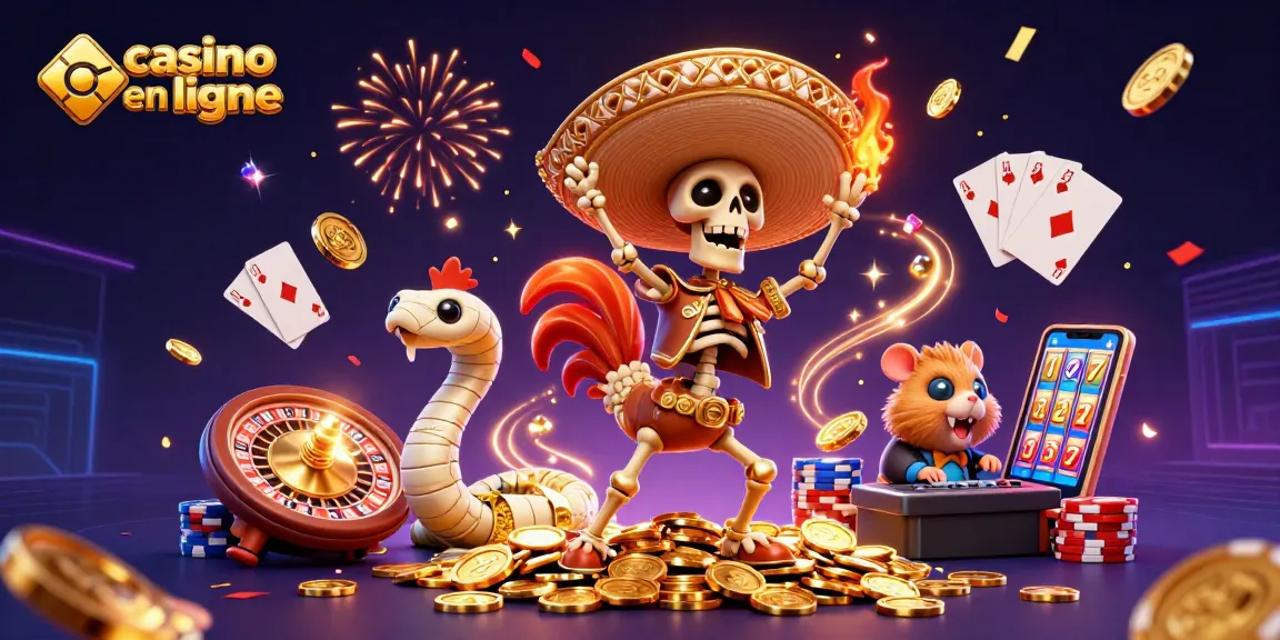 Danse du mariachi sur un tas de pièces d'or au casino en ligne avec un serpent et un hamster DJ.