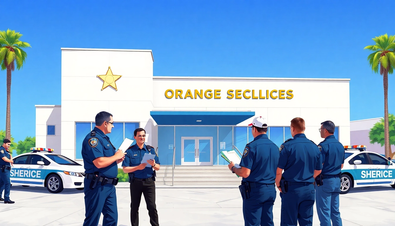 Conducting an Orange County Inmate search outside a sheriff's office with officers questioning individuals.