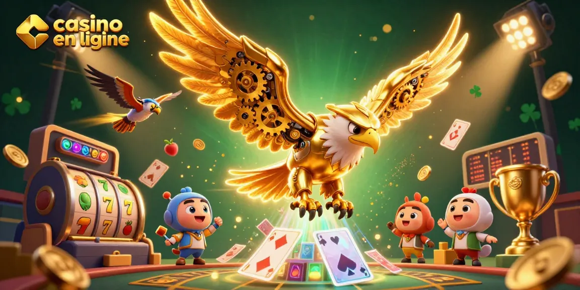 Jouez à casino en ligne avec une illustration captivante de machines à sous et un aigle en 3D.