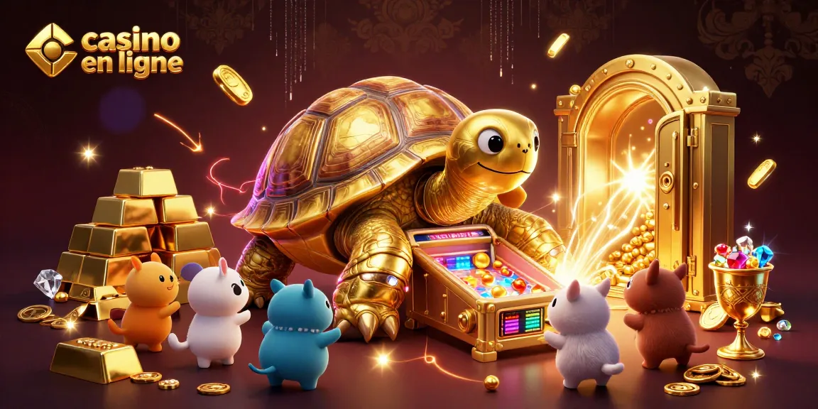 Jouer au casino en ligne avec une tortue géante en machine à pinball, entourée de trésors.