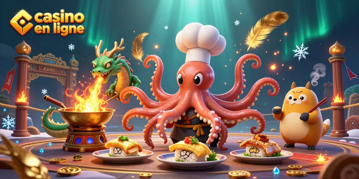 Jouez au casino en ligne avec un chef sushi pieuvre, un dragon, et un client tanuki dans une arène animée.