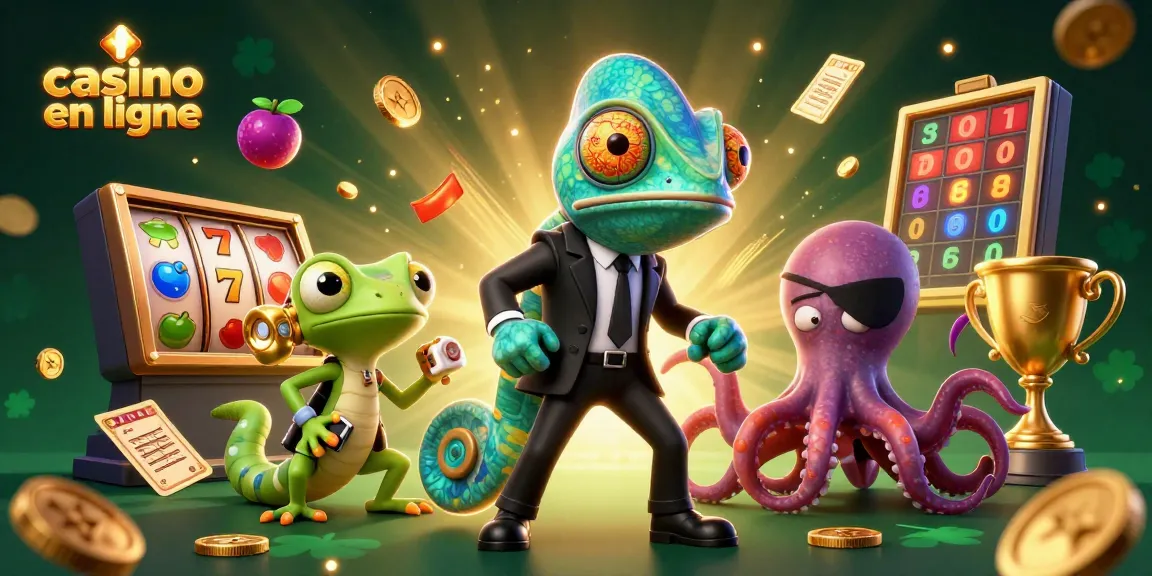 Éléments clés des jeux de casino en ligne avec un caméléon agent secret et un gecko.
