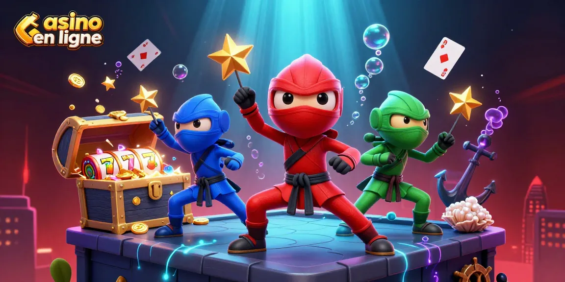 Immergez-vous dans l'univers du casino en ligne avec cette illustration dynamique de personnages de chameaux ninja.