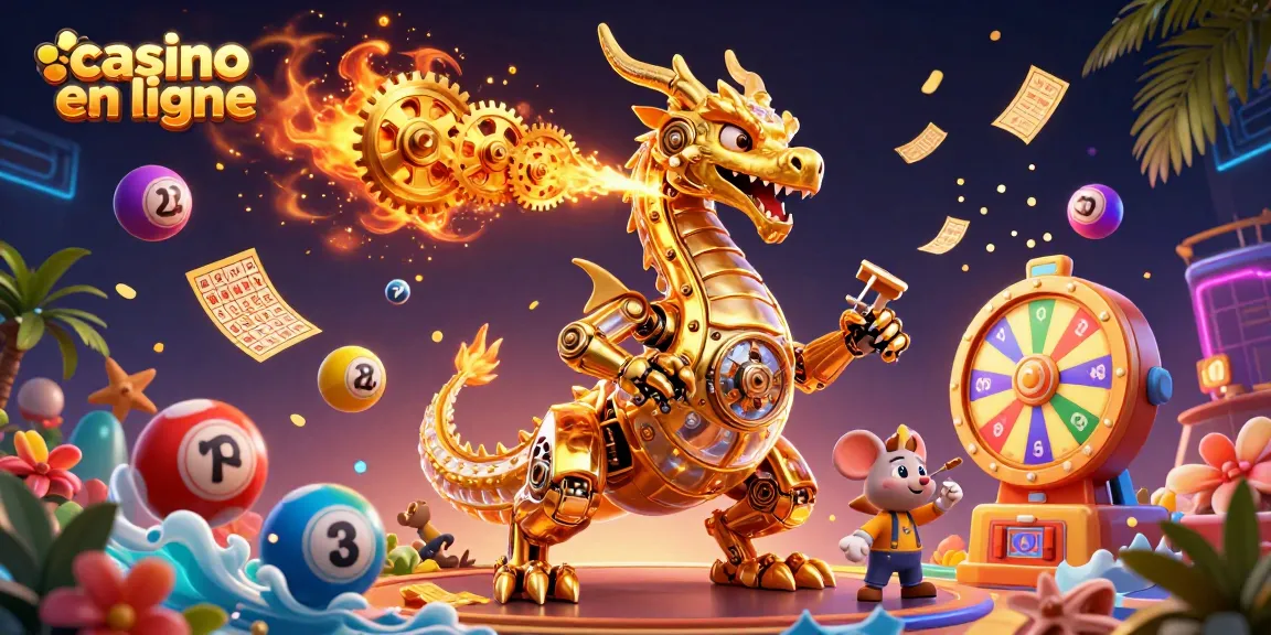 Découvrez les jeux captivants de casino en ligne avec un dragon mécanique doré et des éléments de loterie.