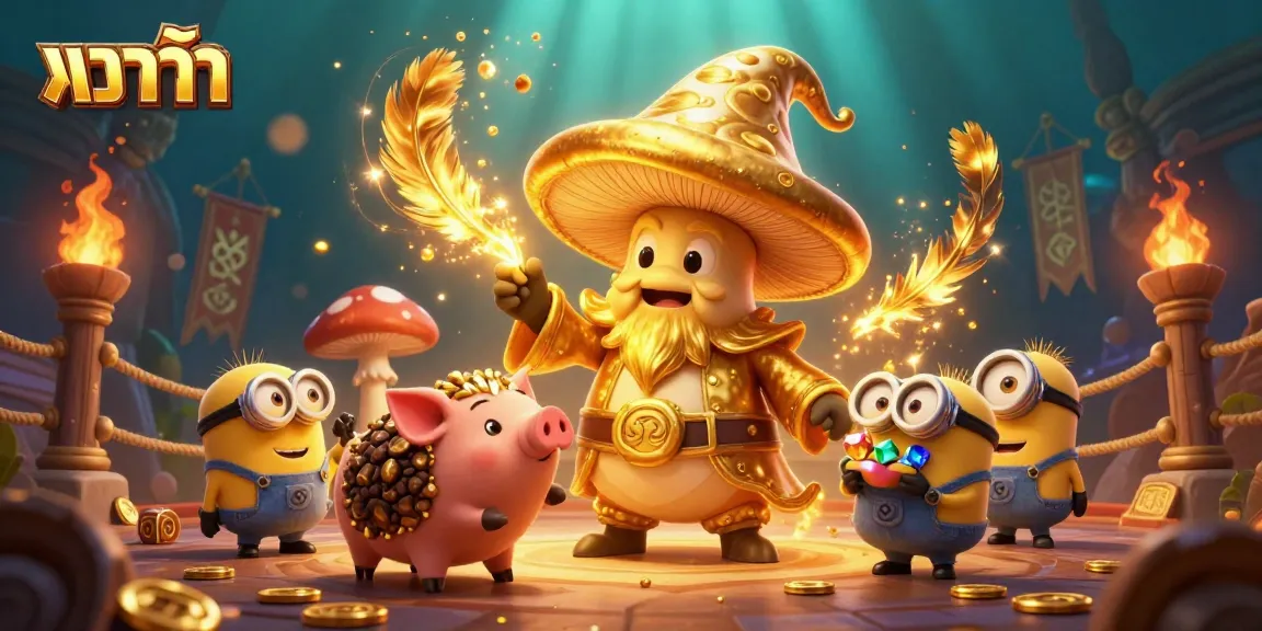 Engage in thrilling บาคาร่า gameplay with a wizard and treasure-seeking pig in an enchanted scene.