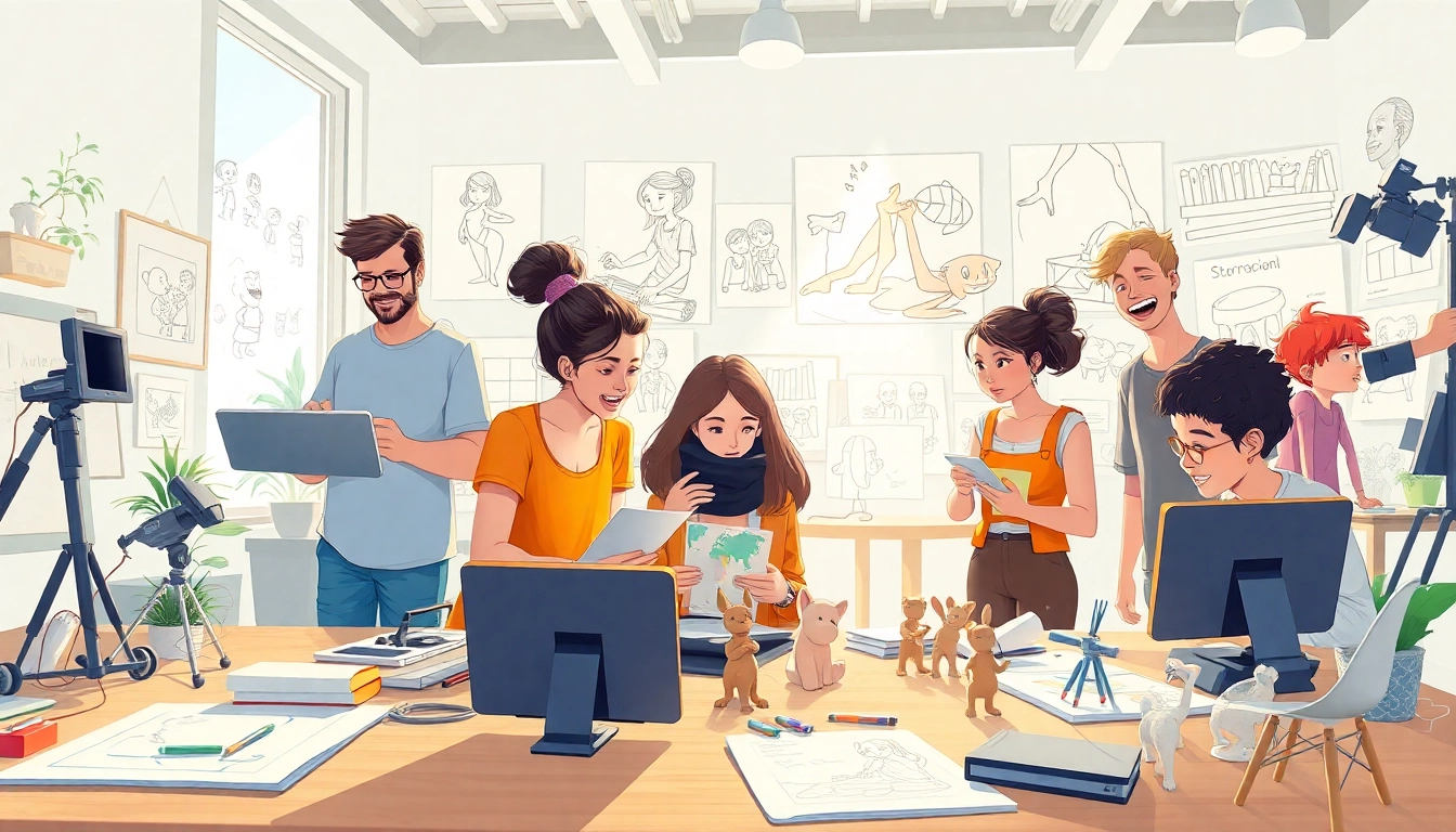 Das kreative Team arbeitet an 2D Animation mit Skizzen und Animationstools im modernen Studio.