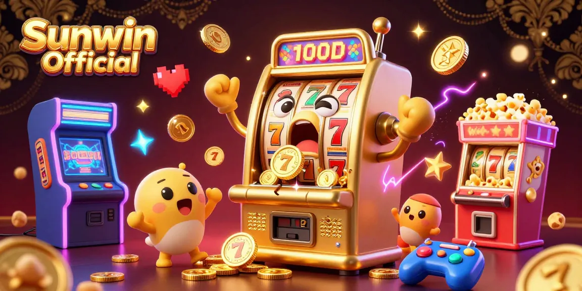 Experience thrilling gameplay with the Sunwin Official golden slot machine hitting the jackpot amidst colorful arcade elements.