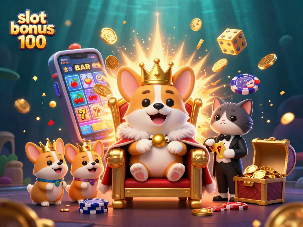 Engage with slot bonus 100 in a vibrant 3D casino illustration featuring a royal corgi and dynamic game elements.