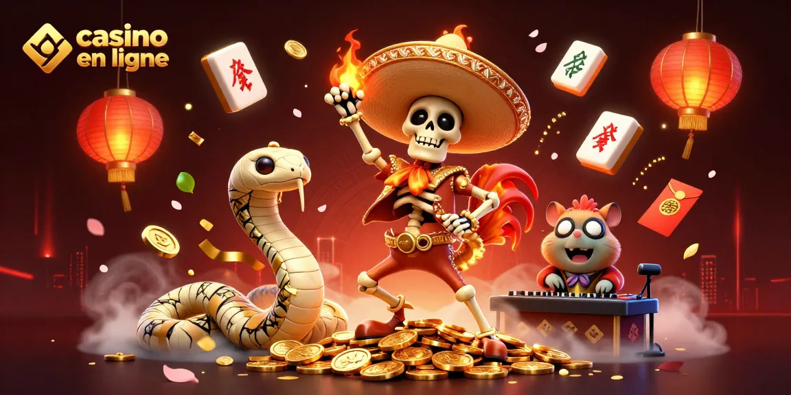 Illustration dynamique de casino en ligne avec un rooster mariachis et un DJ hamster, entourés d'éléments de jeu.