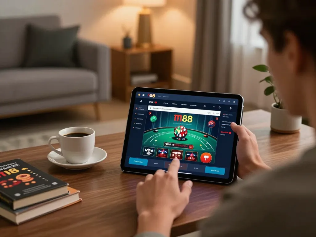 Tham gia với link m88 trên máy tính bảng trong một văn phòng làm việc hiện đại dành cho trò chơi casino trực tuyến.