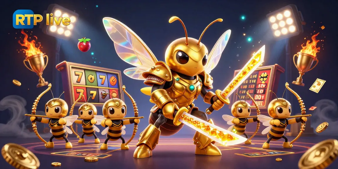 Track RTP live gaming performance with a dynamic scene showcasing slots, trophy, and golden elements.