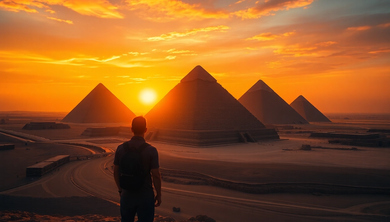 Explore the majestic piraminds at Giza, capturing their timeless beauty against a sunset backdrop.