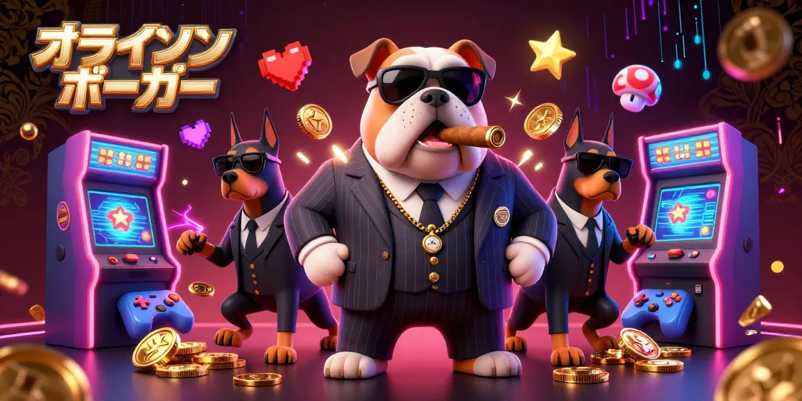 オンラインポーカーを楽しむシーンで、金ピカのダムスク背景とともに、ポーカーチップと役が散らばる光景。