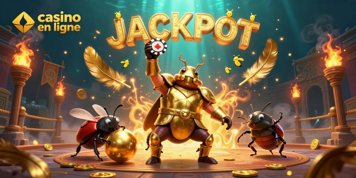Casino en ligne : illustrez un affrontement épique entre un scarabée en armure et un compagnon, célébrant le jackpot.