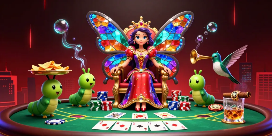 Scopri il mondo dei casino non AAMS con una regina farfalla e tavoli da poker colorati.