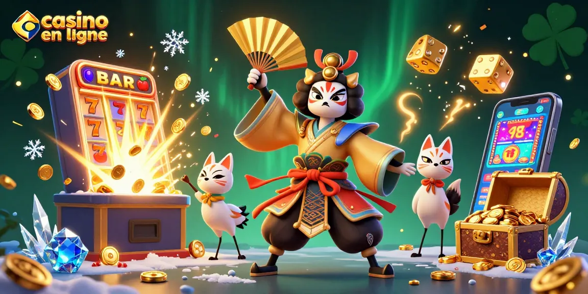 Gagnez avec casino en ligne grâce à une illustration colorée d'un guerrier kabuki et des machines à sous.