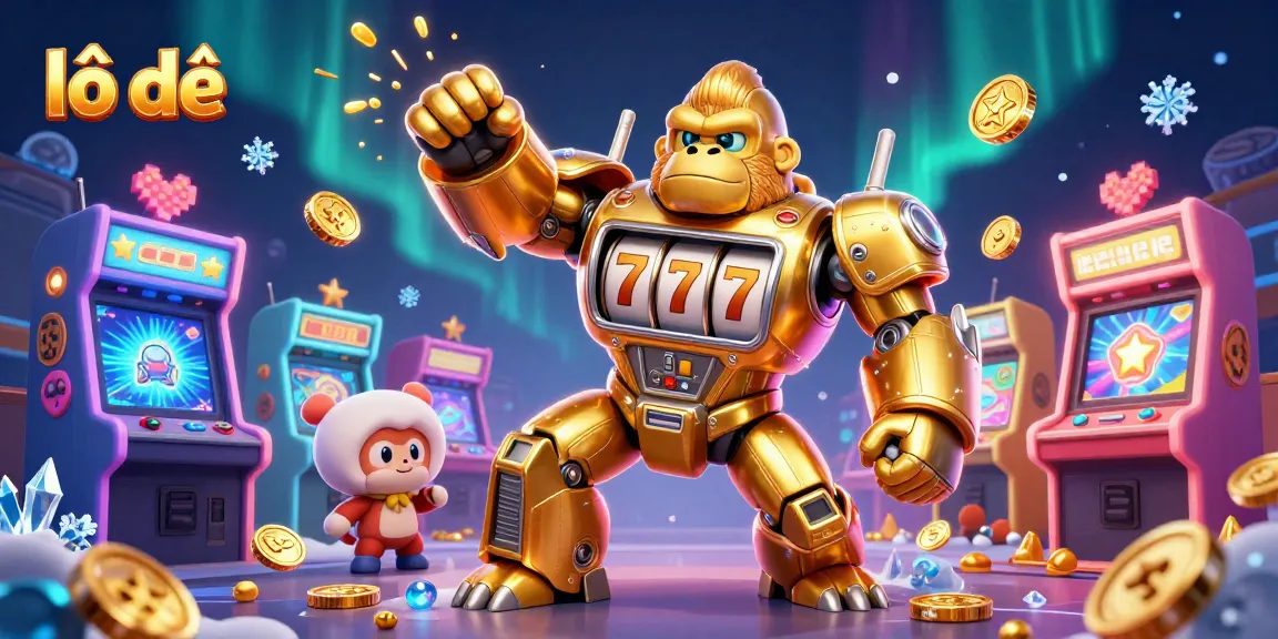 Engage with lô đề in this vibrant 3D illustration of a golden gorilla mech and colorful arcade game elements.