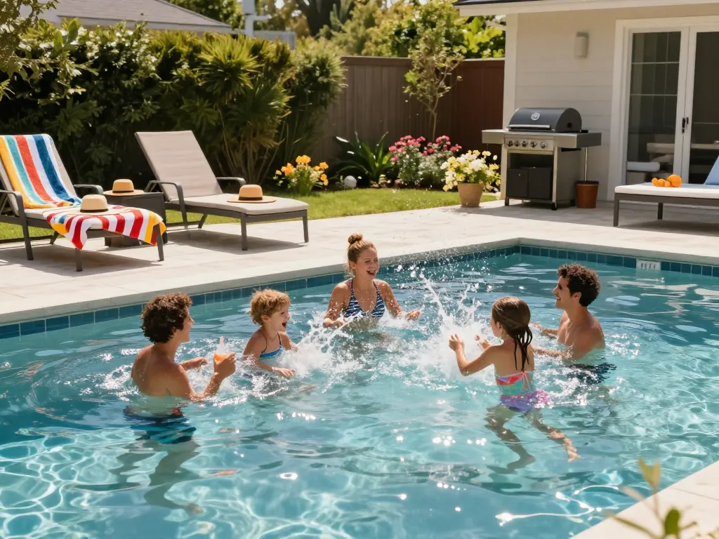 Dolphin Pool Services enhancing family enjoyment with a sparkling pool in a beautiful backyard setting.