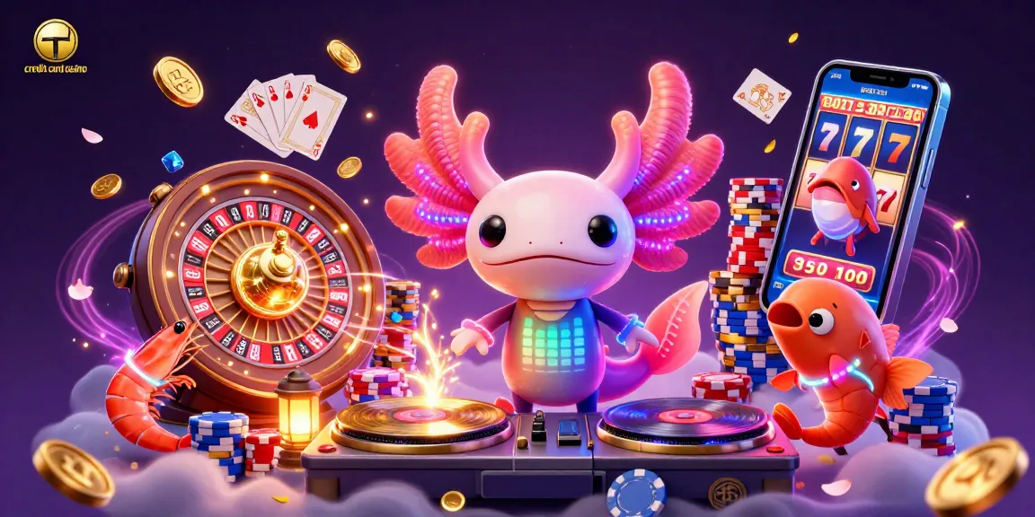 Experience the excitement of a credit card casino, featuring a DJ axolotl spinning records and vibrant gaming elements.