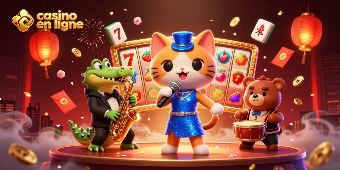 Illustration colorée de casino en ligne avec un chat jazz, un crocodile et un ourson jouant ensemble.