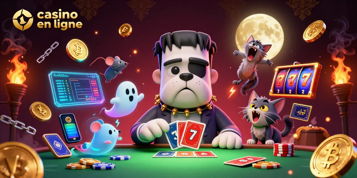 Animation de casino en ligne avec un bulldog Frankenstein et un chat loup jouant aux cartes dans un décor vibrant.