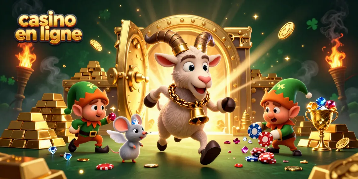 Illustration festive d'un casino en ligne, mettant en scène un Krampus goat, une souris angélique et des gremlins.