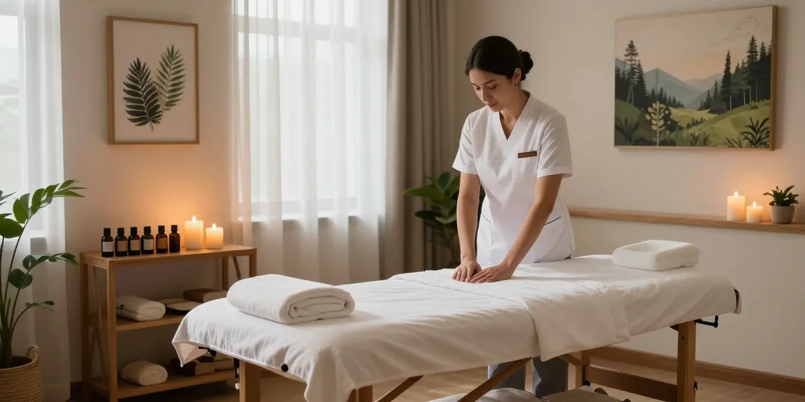 Swedish massage setup at https://www.makangs.com/ with ambient lighting, essential oils, and relaxing atmosphere.