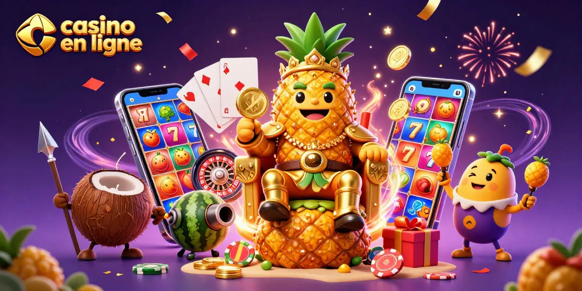 Jouez au casino en ligne avec le roi ananas et ses gardes dans une scène festive animée.