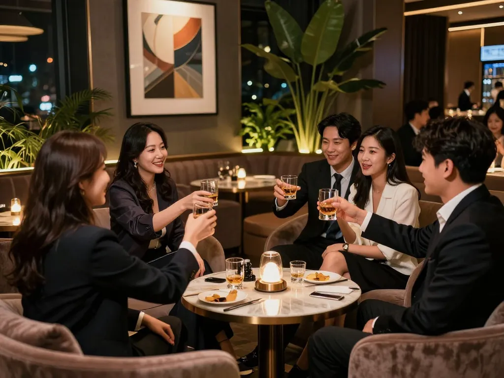 Group enjoying a premium experience at 강남쩜오 nightlife venue with whiskey and elegant ambiance.