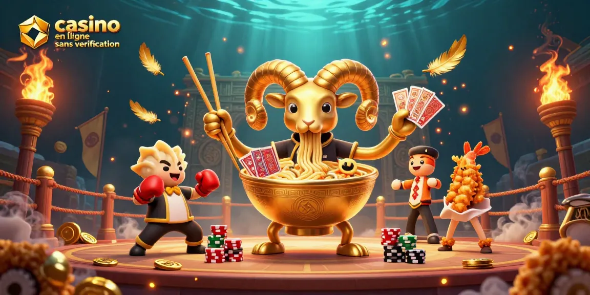 Illustration dynamique d'un casino en ligne sans vérification avec un ramen géant et ses acolytes, partageant le plaisir du jeu