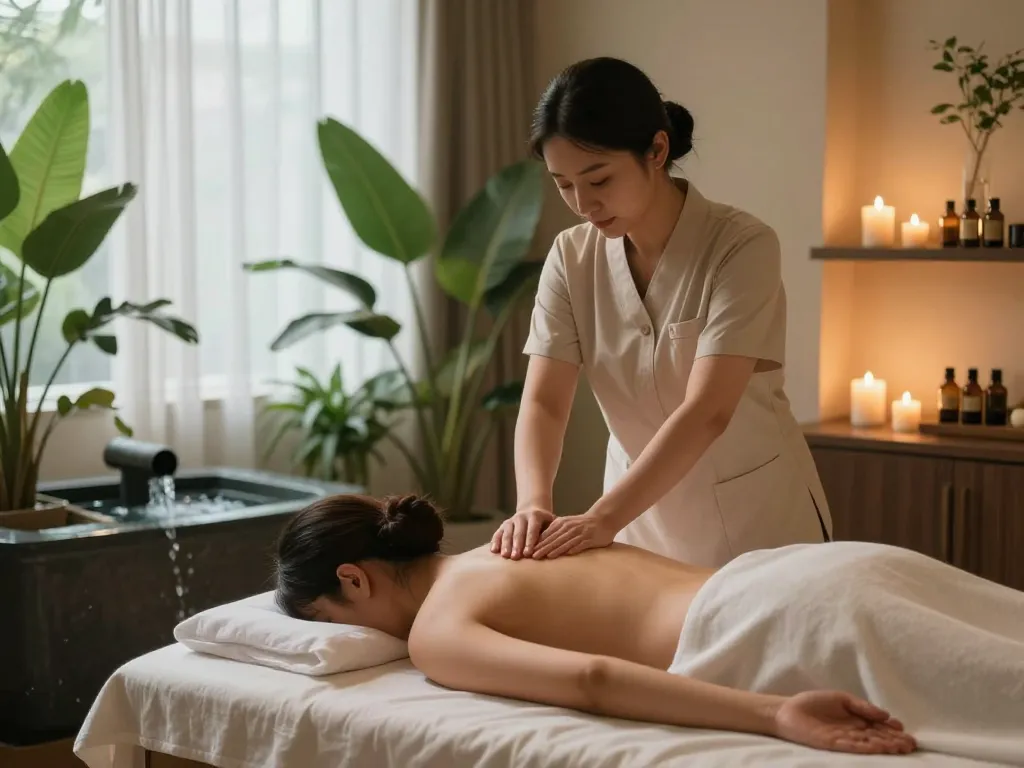 Relaxing 신사동마사지 therapy session in a tranquil spa environment with soothing elements