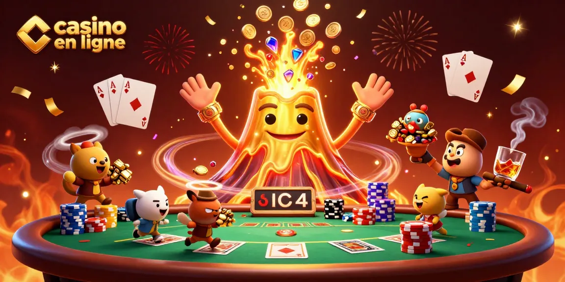 Jouez dans le meilleur casino en ligne avec un volcan doré débordant de trésors et des animaux explorateurs dans une scène festive.