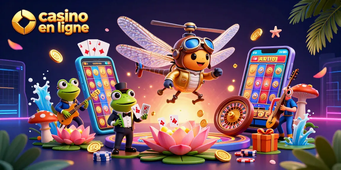 Illustration de casino en ligne avec des personnages animés jouant et distribuant des cartes.
