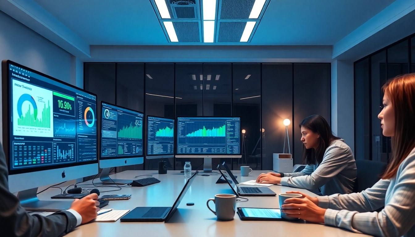 Infosec professionals collaborating in a modern workspace with cybersecurity dashboards and finance charts.