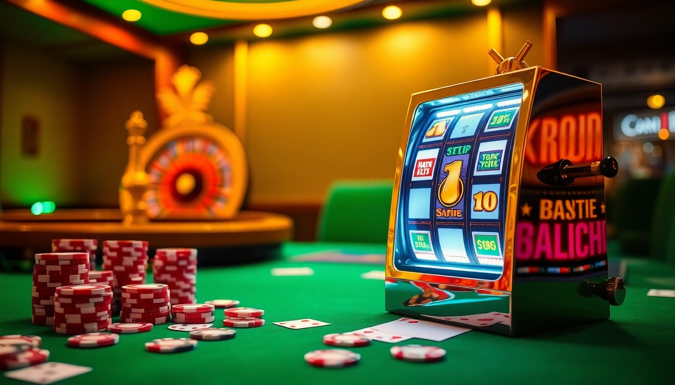 Engage in intense gameplay as you explore slot online hari ini with vibrant slots, chips, and cards in a luxurious casino setting.