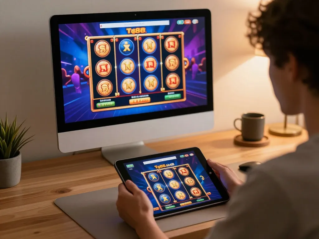 Engaging in online gambling at tg88.cash with vibrant slots on tablet in cozy home setting.
