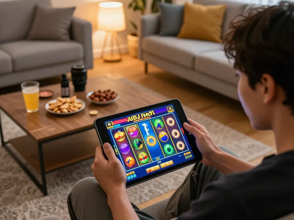 Engaging in judi slot gaming excitement with a tablet at home in a cozy, inviting setting
