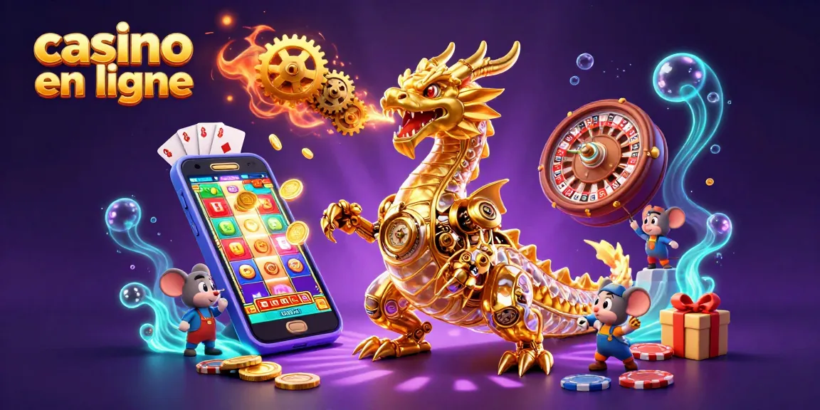 Illustration d'un dragon d'or et un ingénieur à l'intérieur, avec des éléments de jeu de casino en ligne.