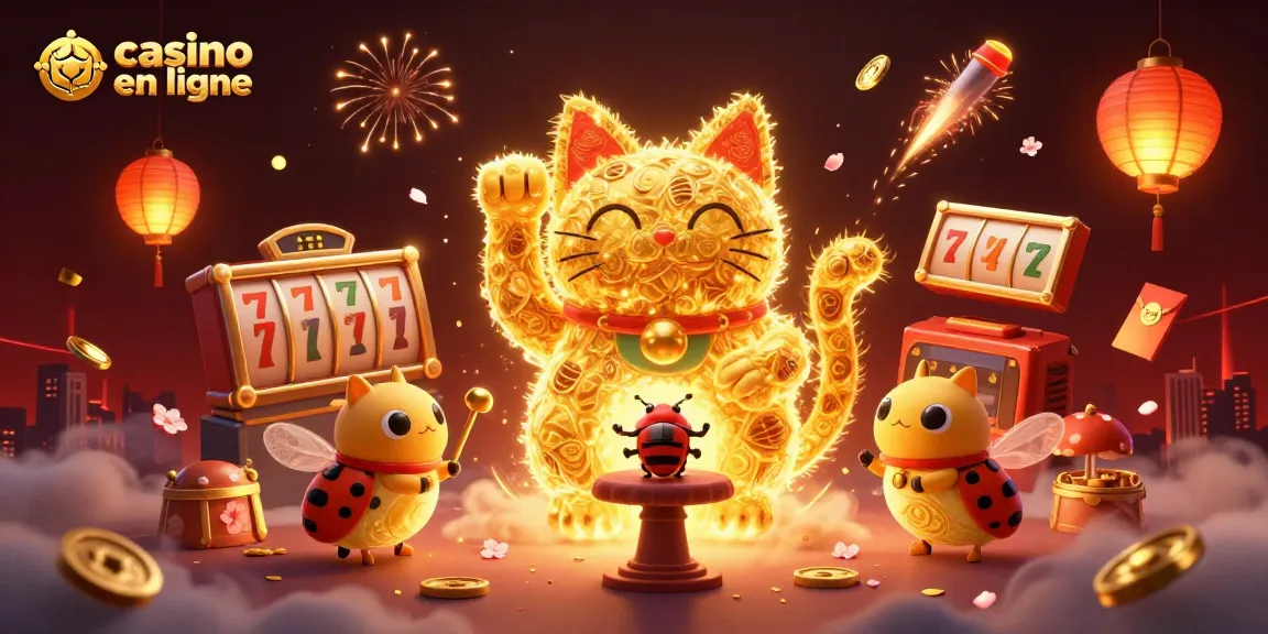 Explore les opportunités du casino en ligne avec un chat porte-bonheur animé.