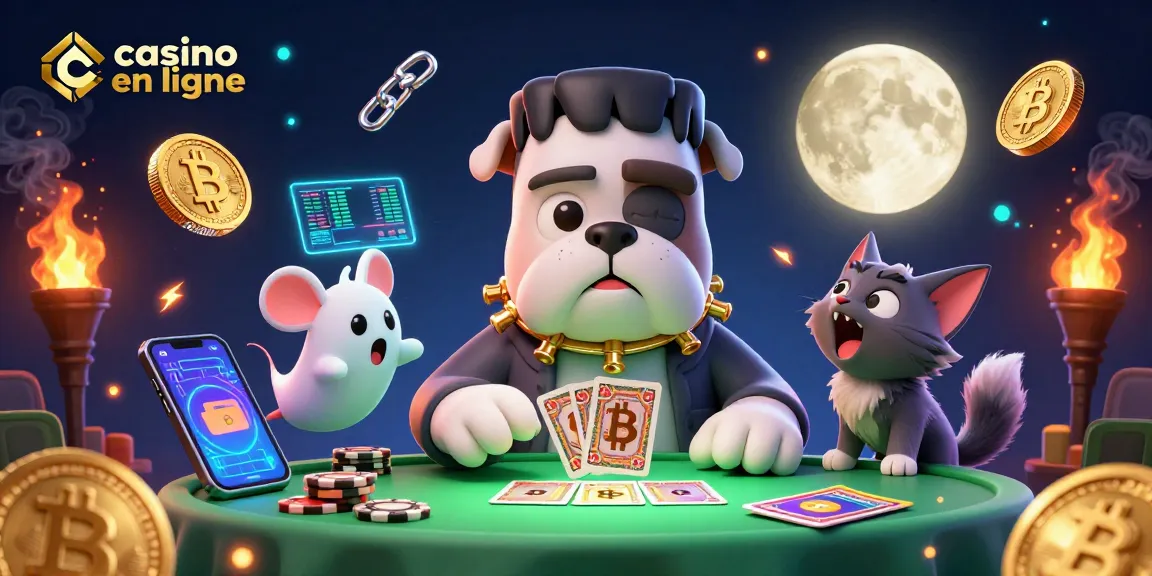 Le chien Frankenstein joue aux cartes dans un casino en ligne avec un chat-loup et une souris fantôme, ambiance animée.