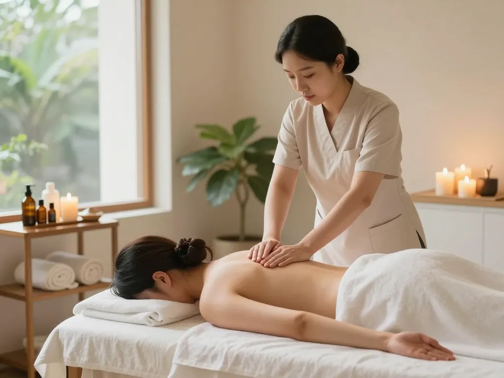 편안한 장식과 자연광이 있는 조용한 스파 환경에서 강남스웨디시 마사지를 수행하는 치료사.