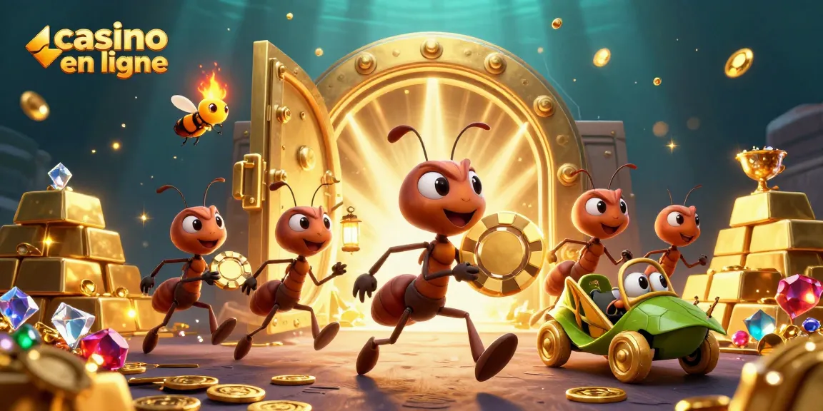 Les fourmis transportent une puce de poker géante dans un tunnel, plongeant dans l'univers du casino en ligne.