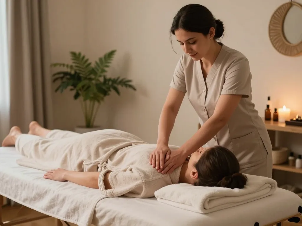 평화로운 가정 환경에서 편안한 경험을 제공하는 치료사가 있는 https://www.russiamobilemassage.com의 편안한 모바일 마사지 장면.