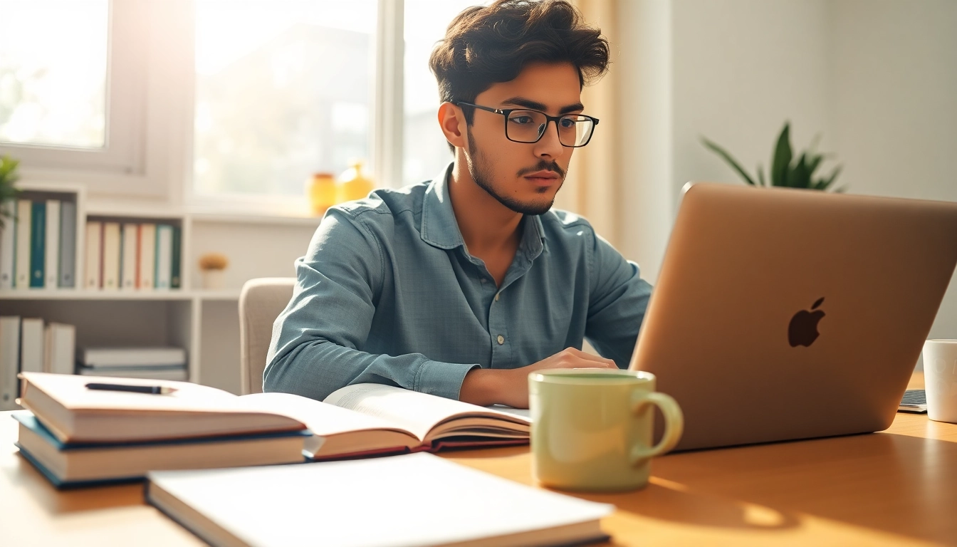 Pay someone to take TOEFL exam with a focused student at a home office workspace.