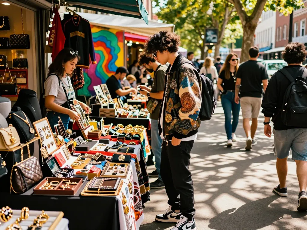 Fashionable shopper exploring vibrant market for luxury 레플리카 items with trendy attire and urban backdrop.