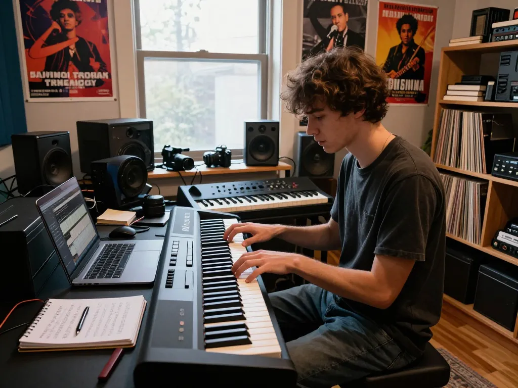 Young adult playing the go 88 digital piano in a vibrant music studio setting